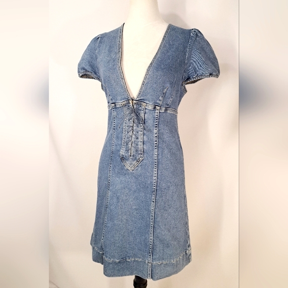 Free People Womens Something Sweet Denim Dress Mini Stretch Lace Up V Neck 6 - Picture 2 of 16